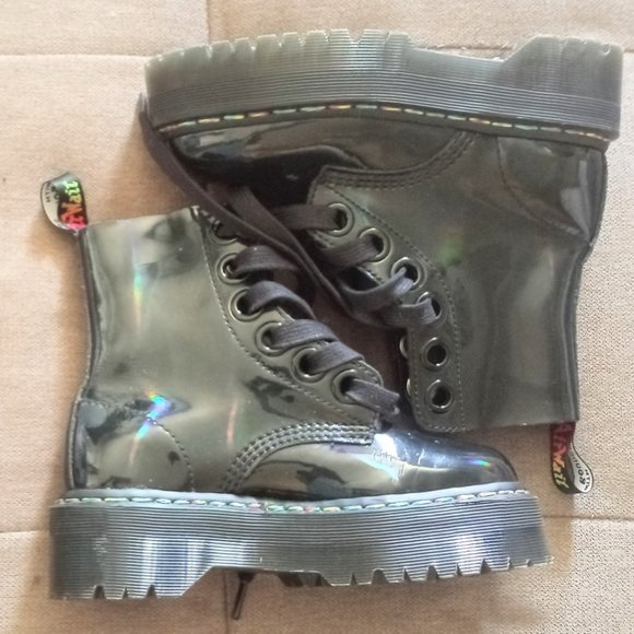 Dr. Martens Shoes - DR. MARTENS MOLLY BLACK PLATFORM PATENT COMBAT BOOTS